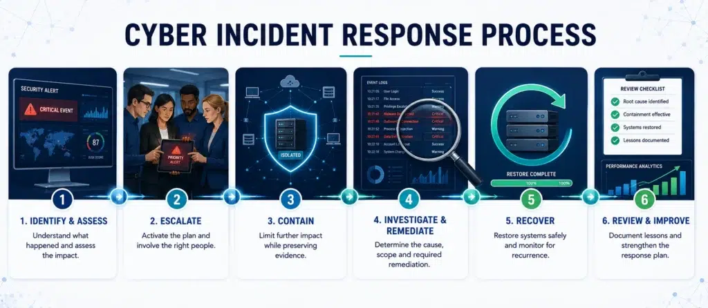 Six-step cyber incident response process from identification to recovery and review.