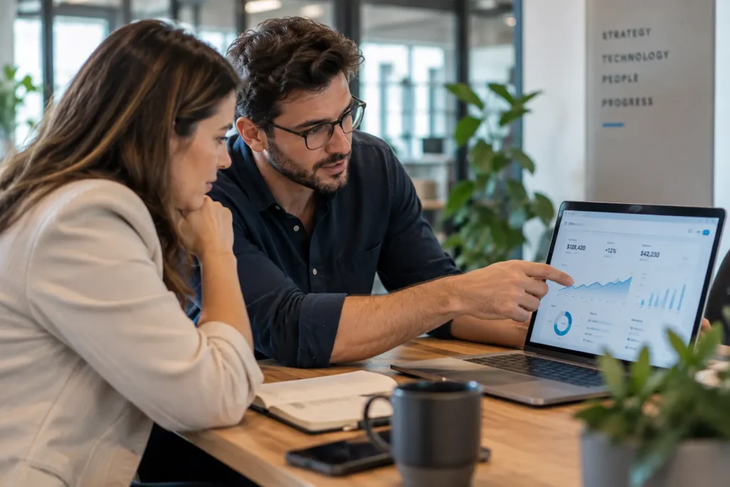 IT consultant reviewing a technology solution with a client