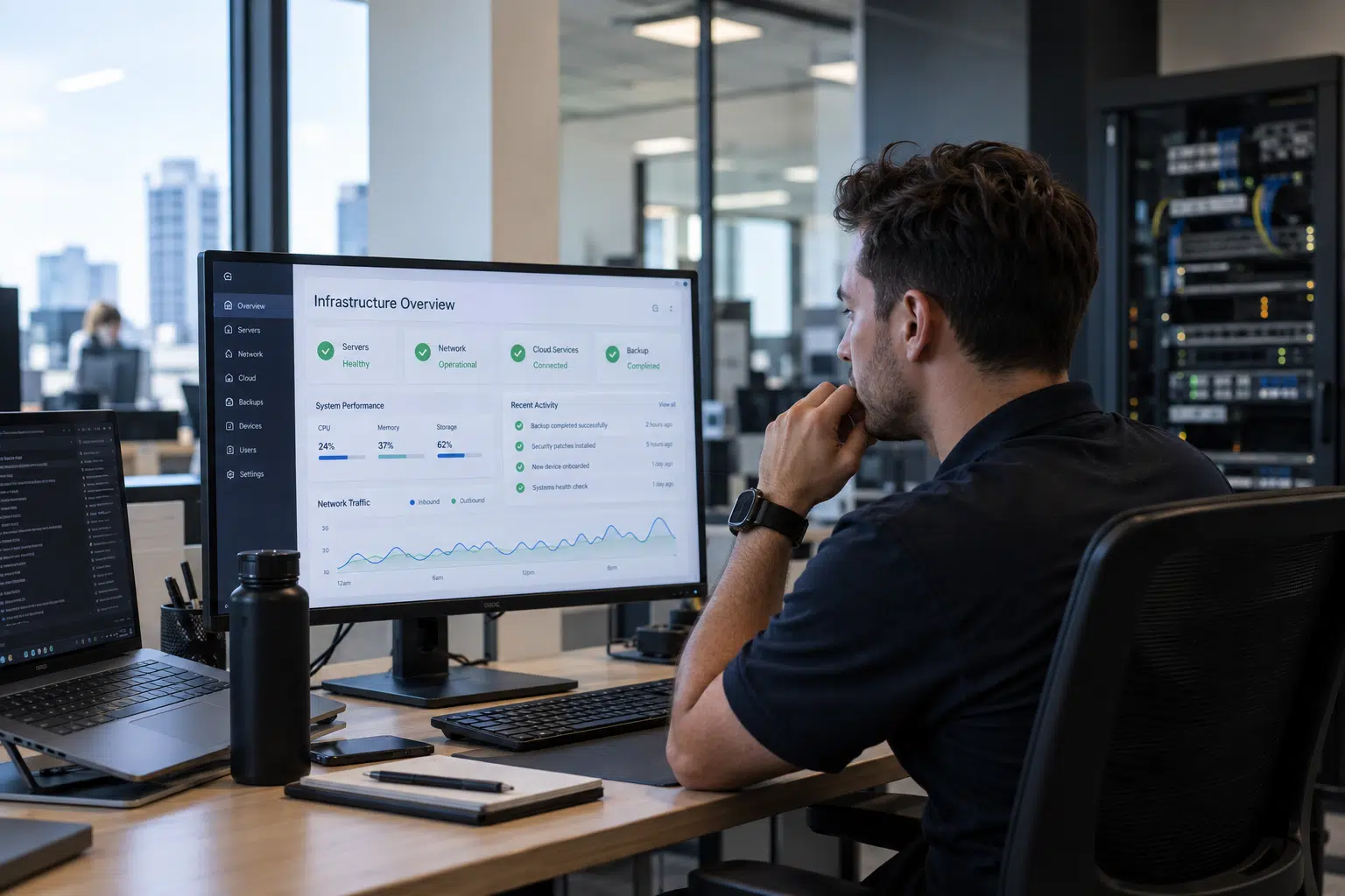 IT specialist monitoring servers, networks, cloud services and backups