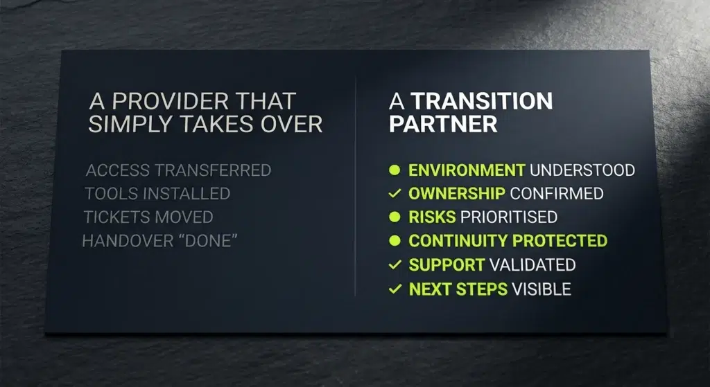Comparison between an IT provider that simply takes over and a transition partner that validates ownership, risks, continuity and support