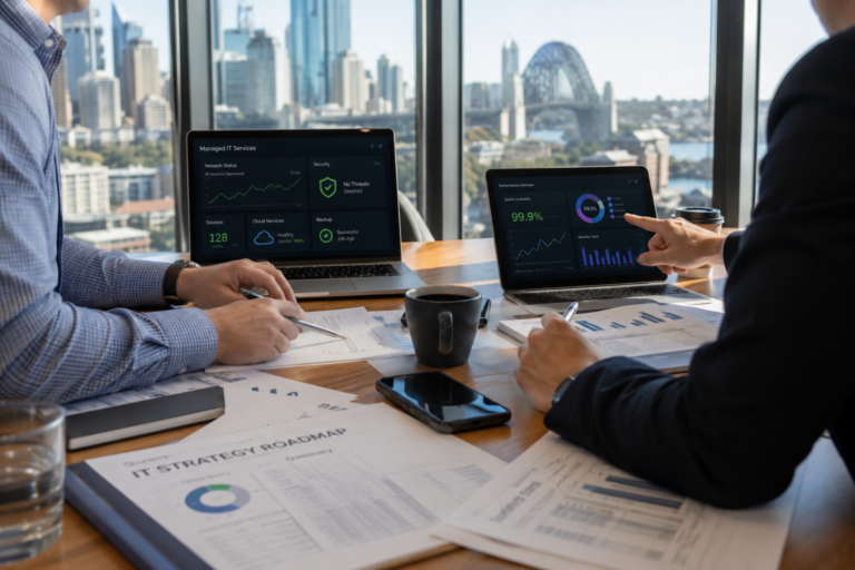 Business leaders discussing managed IT services in a modern Sydney office.