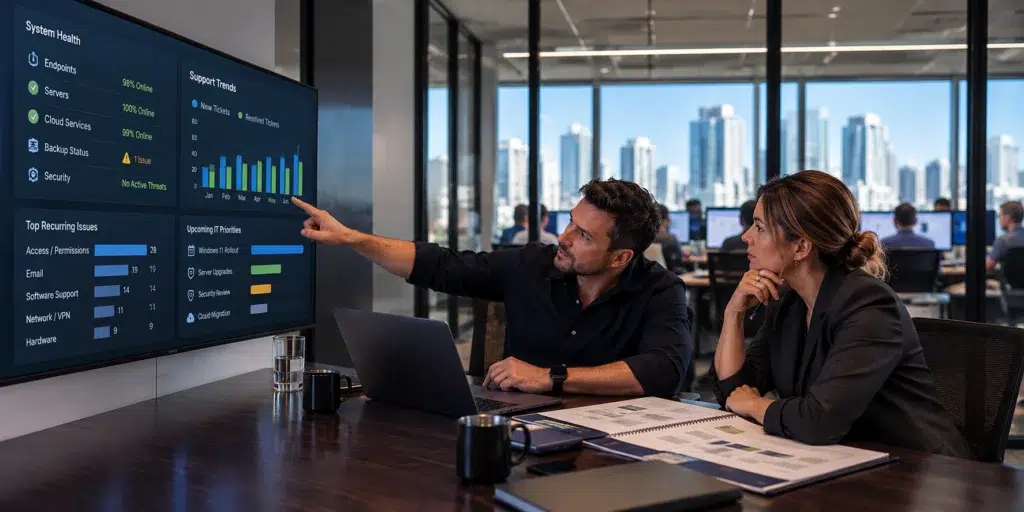 IT specialist reviewing system health and technology planning with a business leader