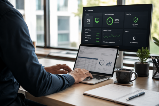 Small business owner working while managed IT monitors devices in the background.